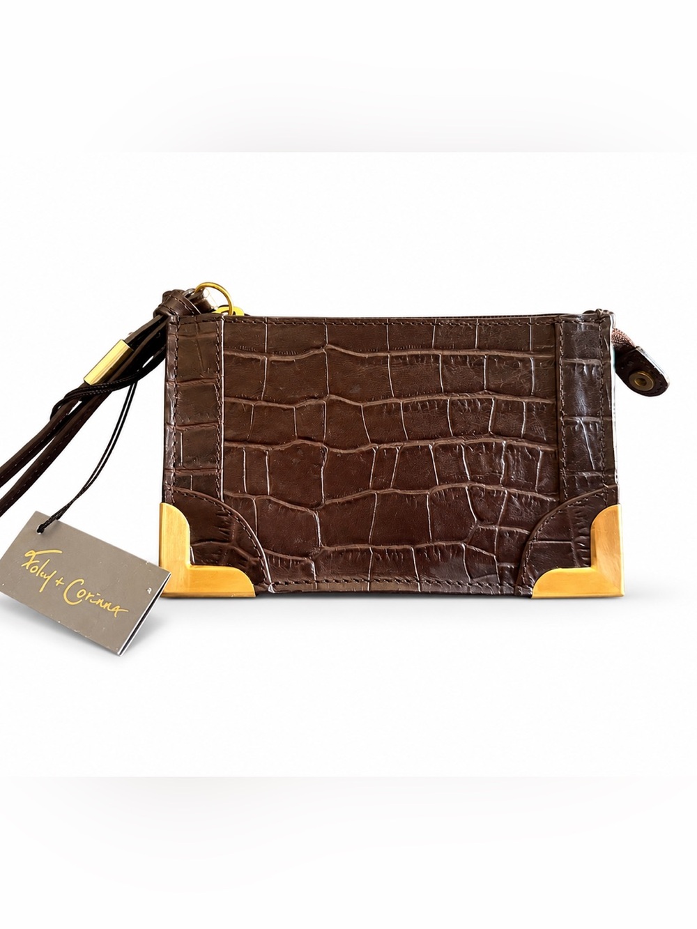 NWT!!🔥 Foley & Corinna Framed Brown Croc bossed Wristlet--Ret $95